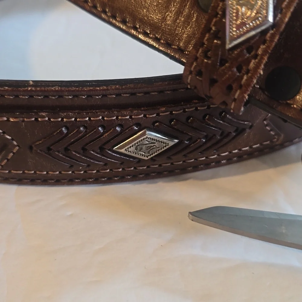 Mens Brown Premium Woven Leather Western Belt With Silver Buckle  Sz.L/XL